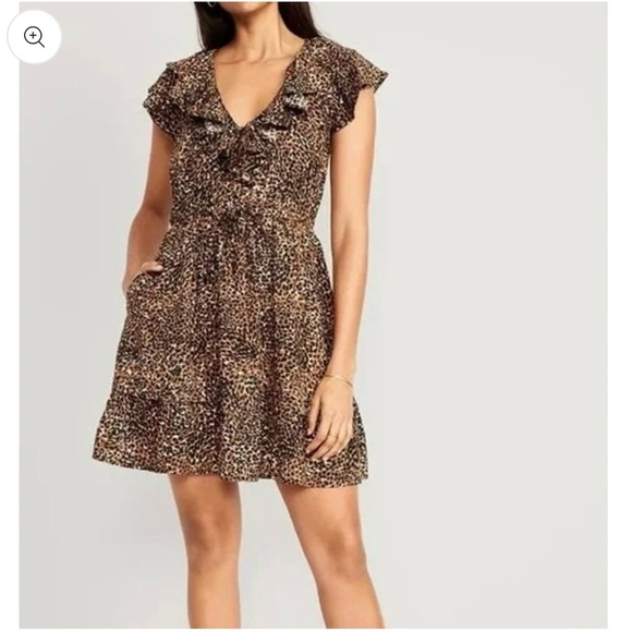 Old Navy Mini Dress Womens Medium Brown Leopard Print Cinched Ruffle-Trim - Picture 1 of 10